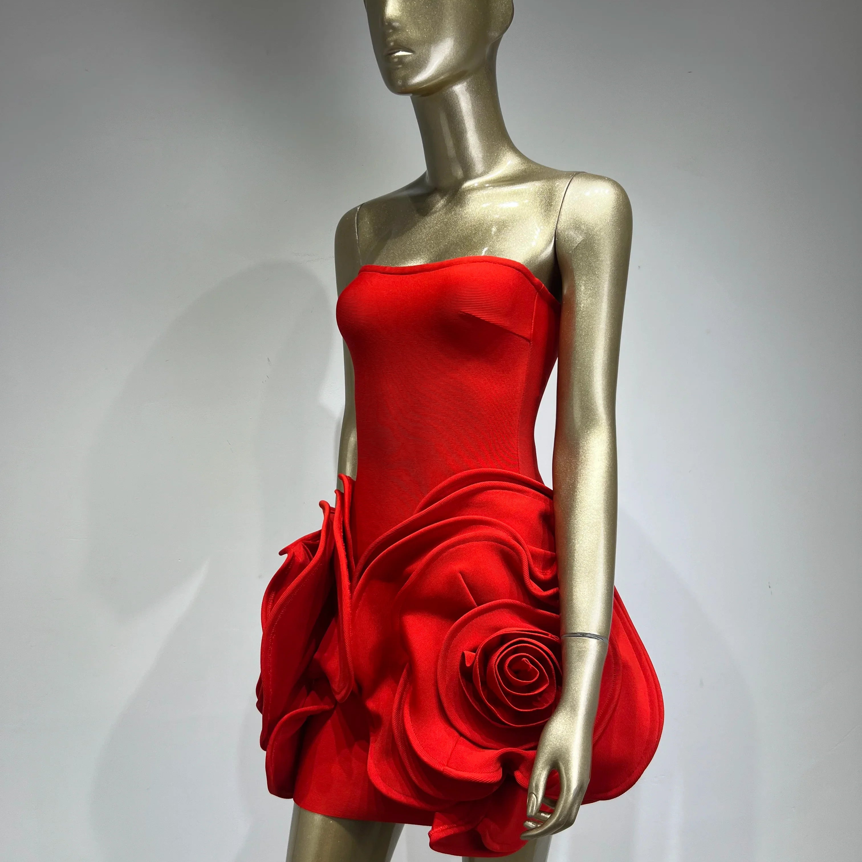 Women Celebrity Sexy Strapless Backeless Red Flower Mini Bodycon Bandage Dress Elegant Evening Club Party Dress