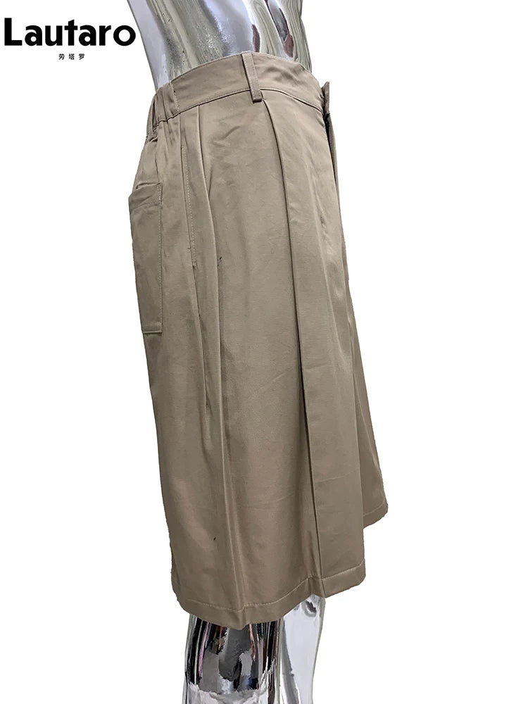 Lautaro Summer Autumn Baggy Khaki Wide Leg Shorts for Men Elastic Waist Loose Luxury Designer European Fashion Clothes 2025