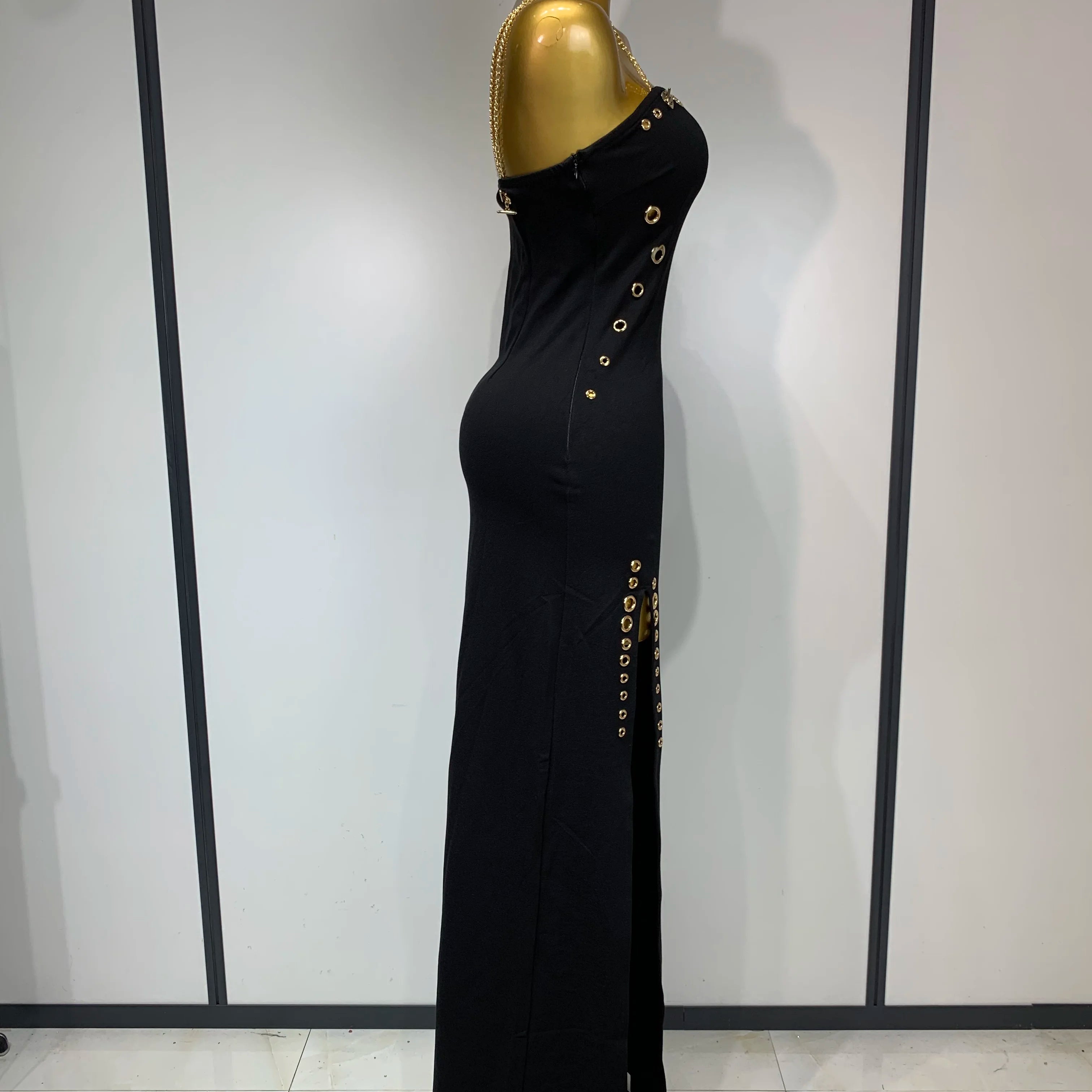 Women Sexy Sleeveless Square Colalr Chain Bodycon Maxi Long Dress Elegant Evening Party Fashion Celebrate Birthday Dress