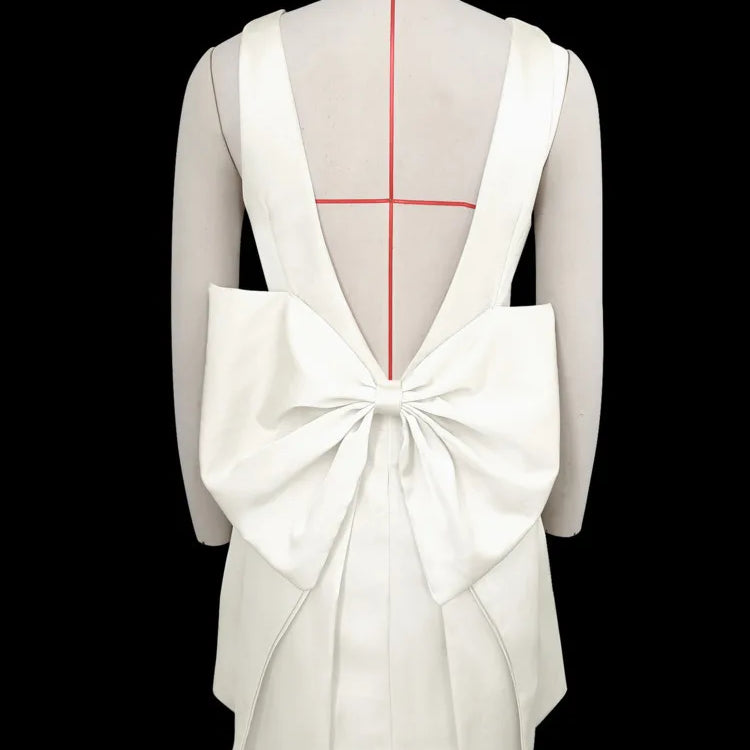 Backless Bow Sexy Mini Dress Women Robe Fashion Solid O Neck Sleeveless High Waist Club Party Elegant Dress Clubwear