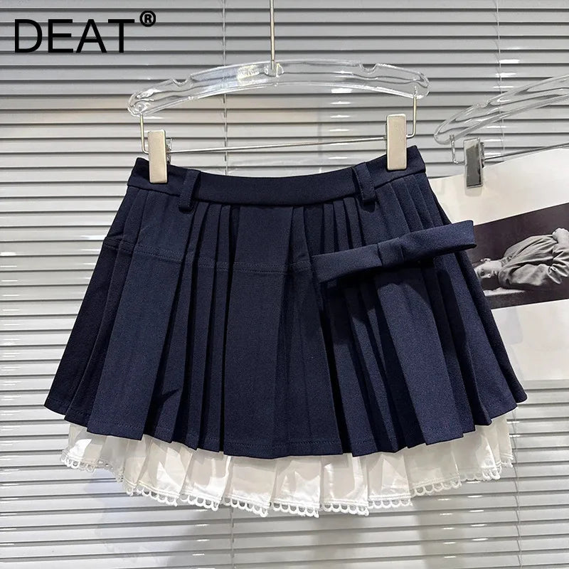 Winter New Fashion Bowknot Contrast Color Hem Thickened Pleated Skirt Short For Women A-Line Skirts Female 11A07471