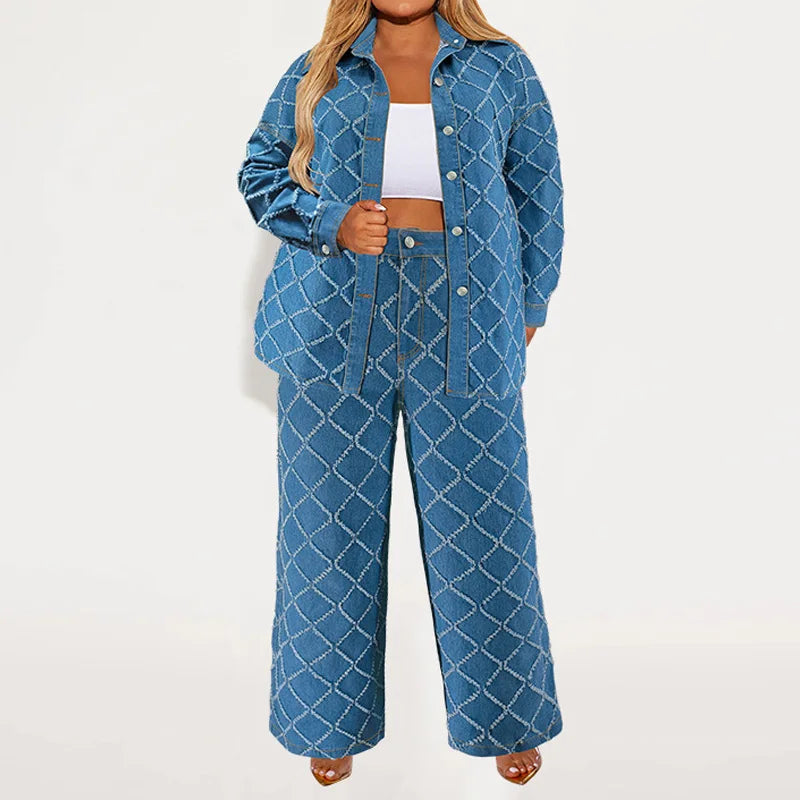 Benuynffy Plus Size Long Sleeve Single Breasted Denim Shirt Jacket And Wide Leg Jeans 2 Piece Sets Woman Outfit Casual 2025 New
