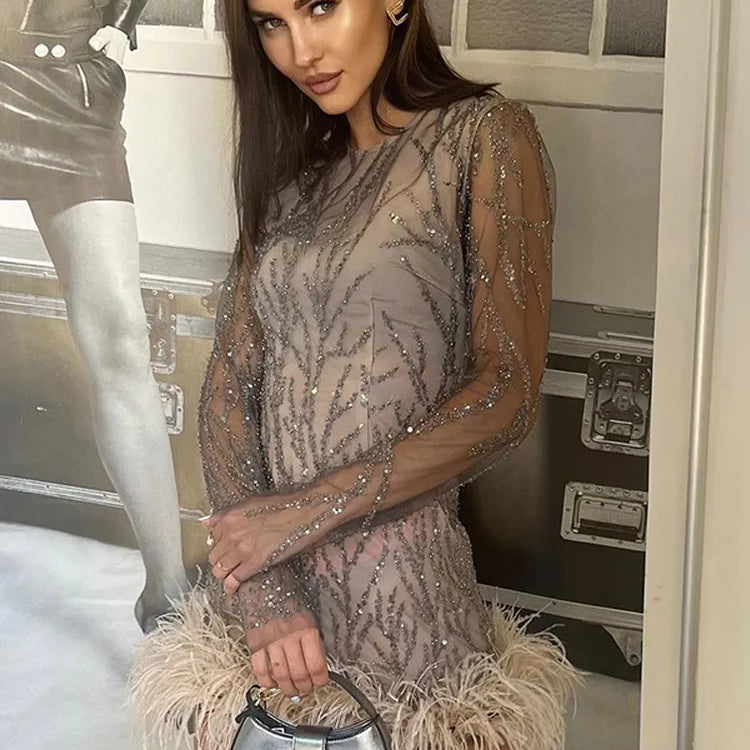 Elegant Shinny Green Mini Dresses Women Fashion Deep V Neck Metal Ring Full Sleeve Short Vestidos New Summer Lady Holiday Robes Grey