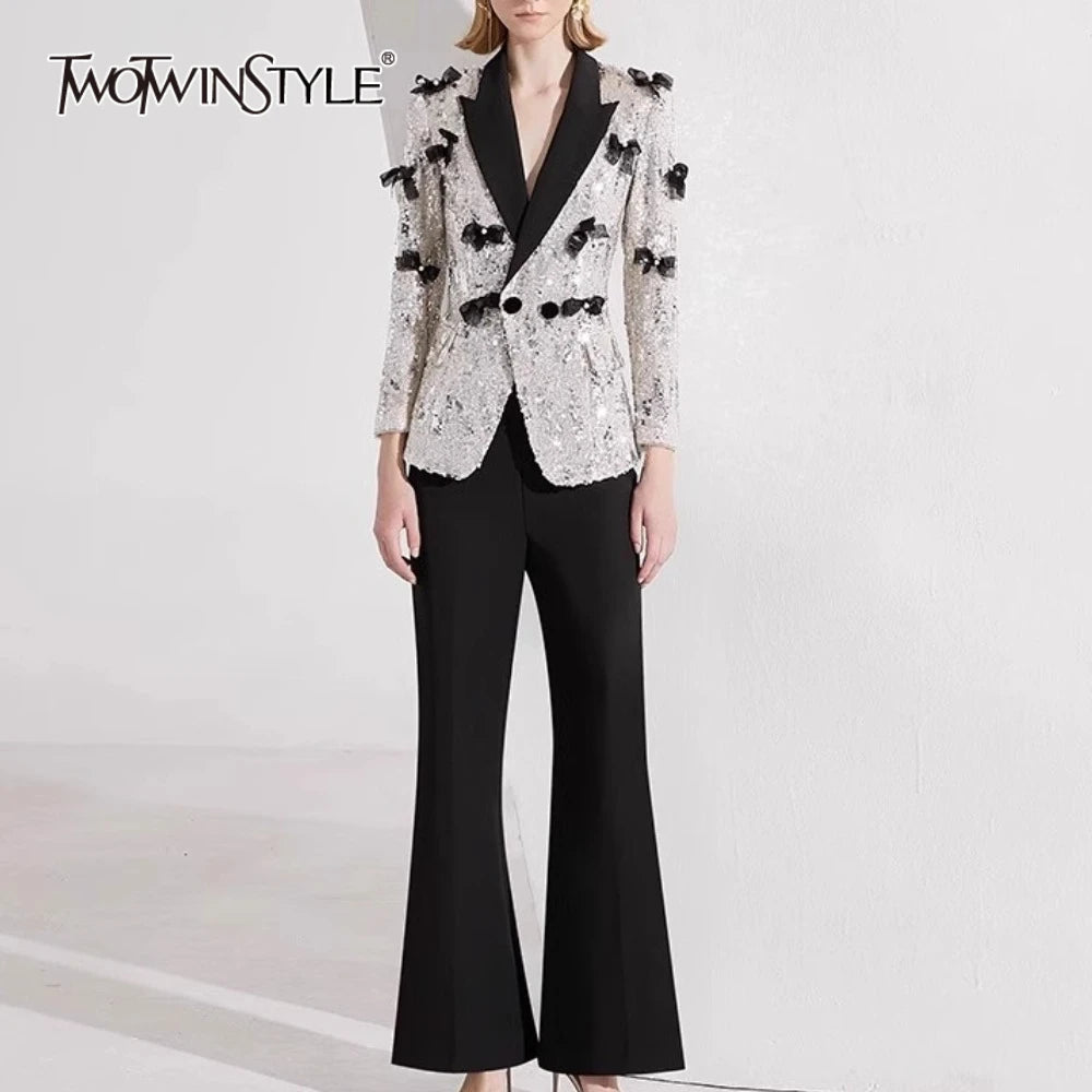 Hit Color Spliced Bow Two Piece Sets for Women Lapel Long Sleeves Patchwork Sequin Top Pant Elegant Set Female New