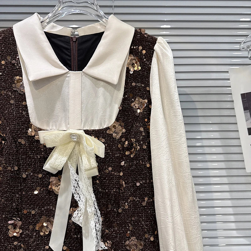 Winter New Fashion Bowknot Shirt Patchwork Sequin Tweed Dress For Women Elegant Casual Long Sleeve Dresses 11A07765