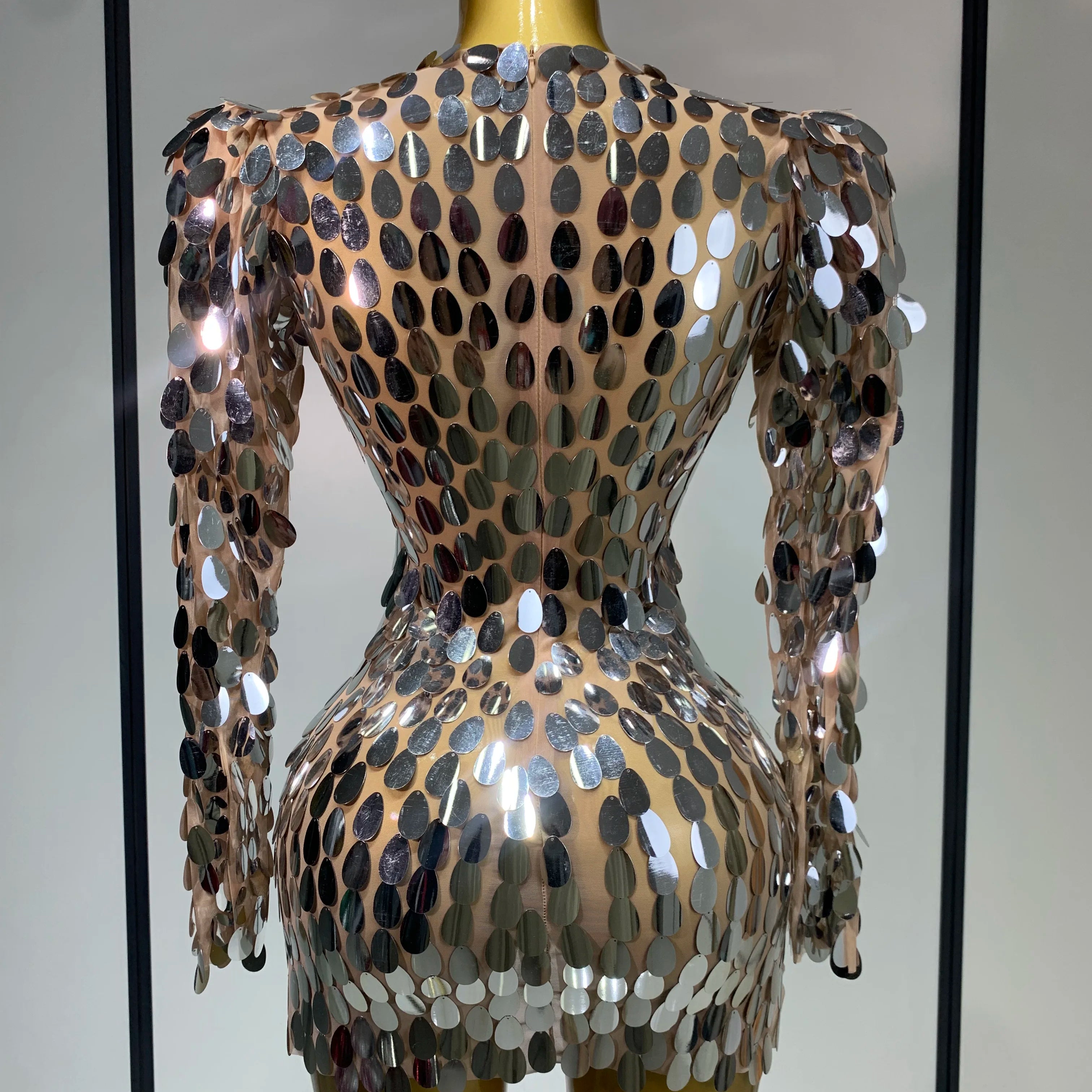 Women Sexy Mesh Stretch Sparkly Sequins Stage Performance Costume Dancer Singer Nightclub Evening Party Luxury Birthday Dress