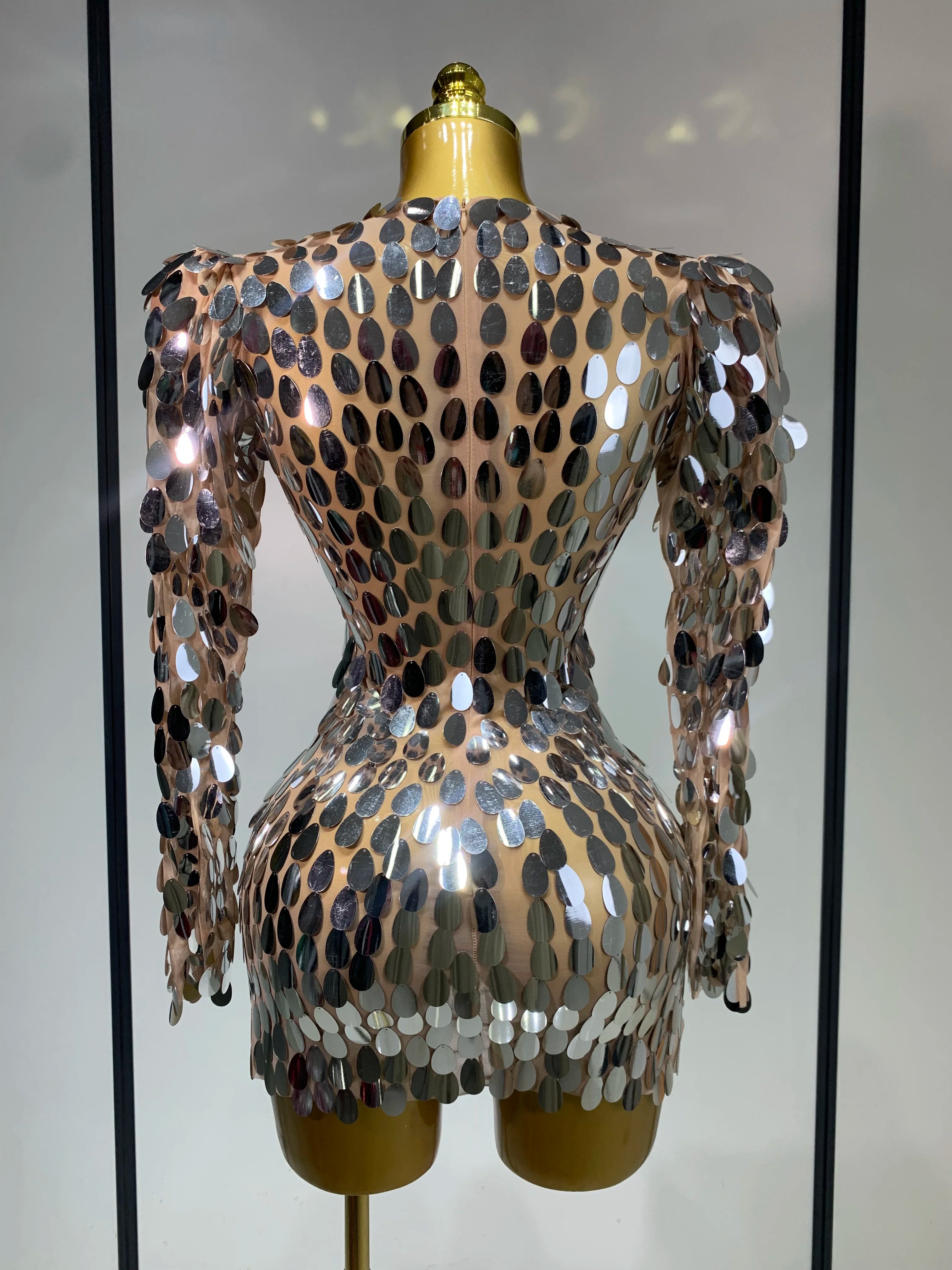 Women Sexy Mesh Stretch Sparkly Sequins Stage Performance Costume Dancer Singer Nightclub Evening Party Luxury Birthday Dress