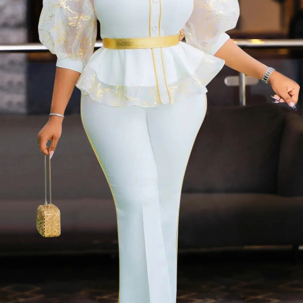 Plus Size Mother Of The Bride White Elegant Round Neck Puff Sleeve Half Sleeve Ruffle See Through Two Piece Pant Sets White