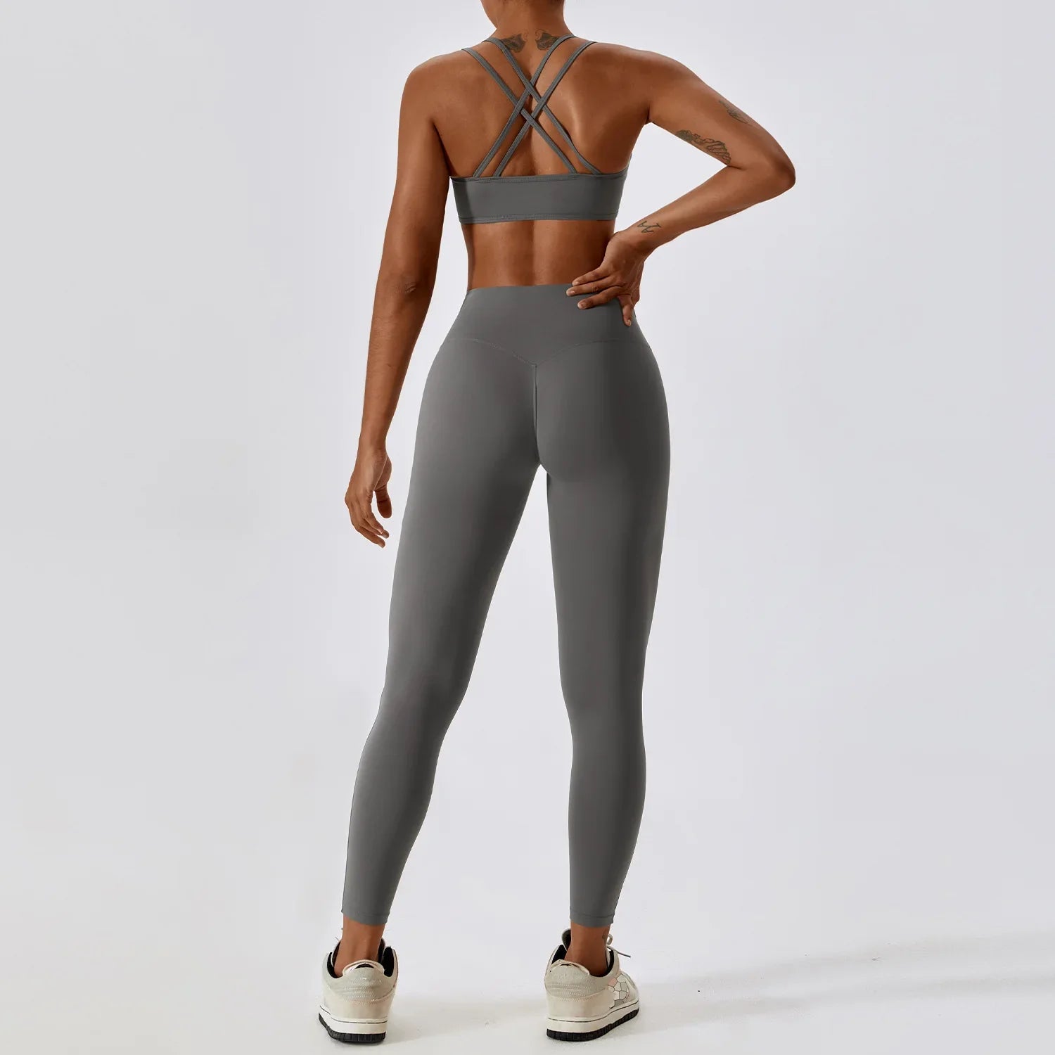 2PCS Yoga Set Nude Feeling Workout Sets Women Tracksuit Gym Push Up Fitness Running Workout Sportwear Sport Bra Leggings Suit Yuanshan Grey Set-1
