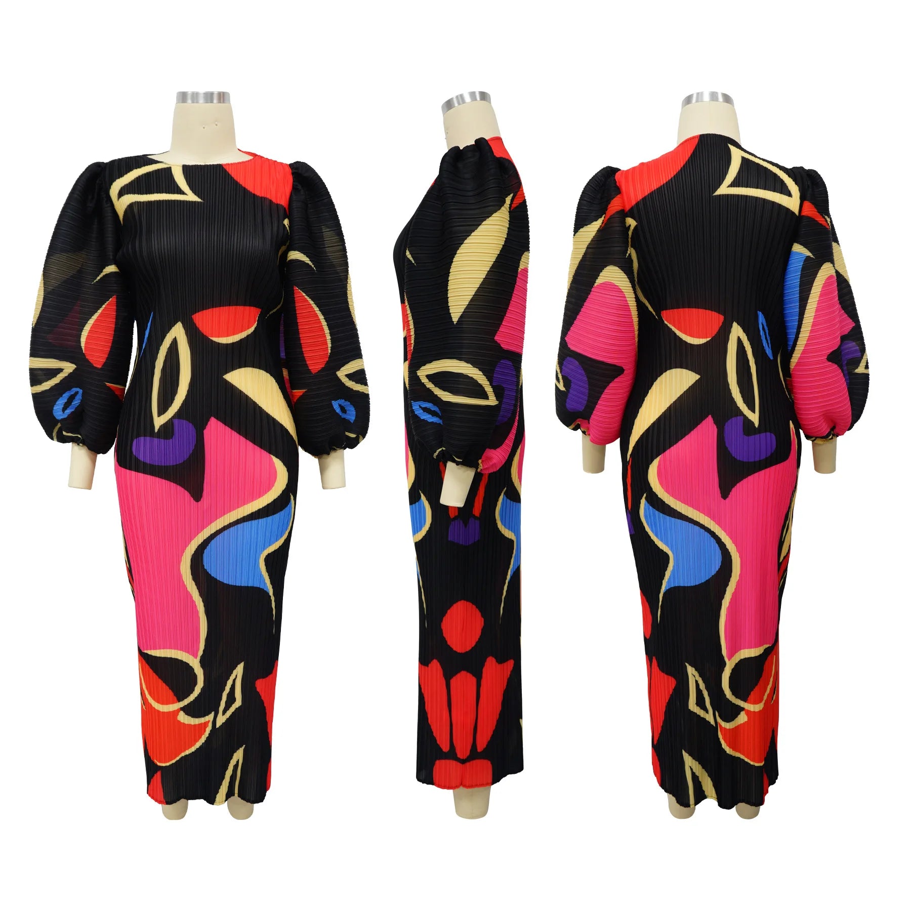 Elegant Women Pleated Half Lantern Sleeve O-neck Slim Maxi Long Dress Print Fashion Autumn 2024 Ruched Dresses Vestidos