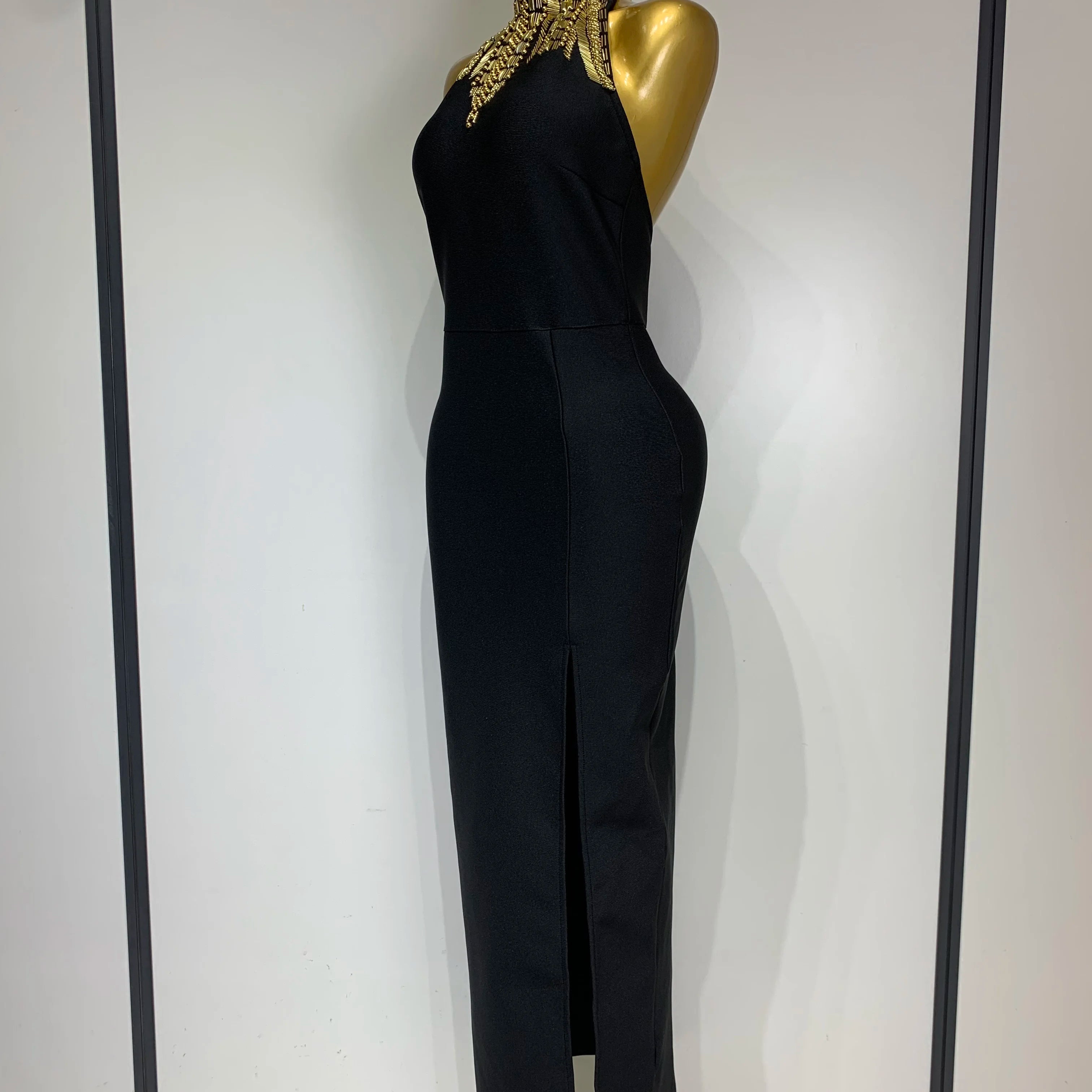 Women Fashion Celebrity Sexy Backless Beading Midi Black Bodycon Bandage Dress 2025 Elegant Evening Club Luxury Birthday Dresses