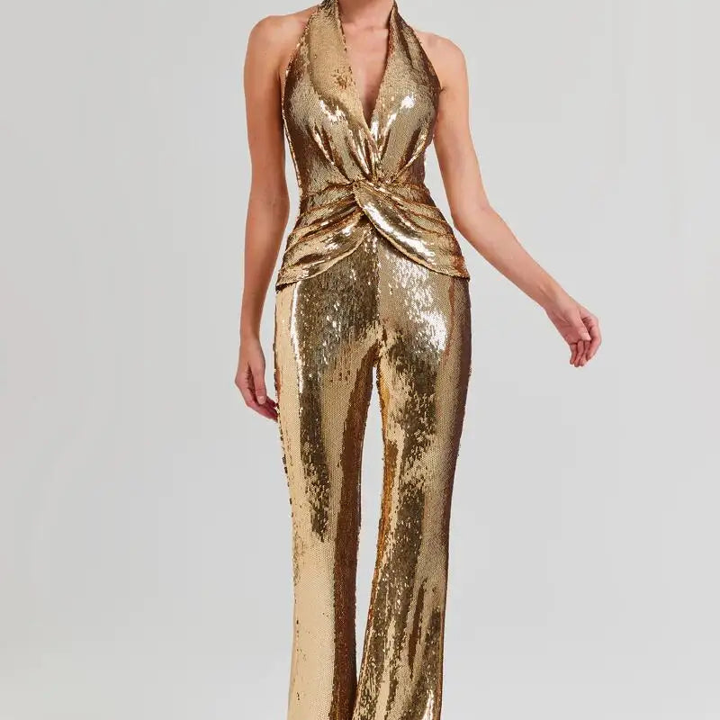 Golden Sequins Stylish Flare Pants Halter Blackless Jumpsuit Woman Fashion Party Outfit Stage Performance Costume