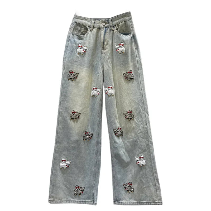 Autumn Winter New Heavy Industry Cartoon Rhinestone Embroidery Jeans For Women Straight Wide-leg Denim Pant 11A07802