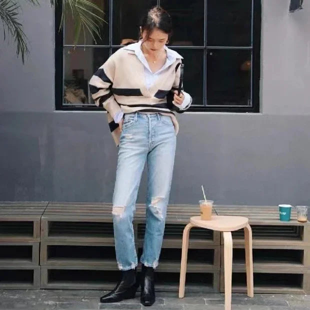 Spring Summer New Women High Waist Distressed Retro Jeans Casual Fashion Ankle-length Denim Pants