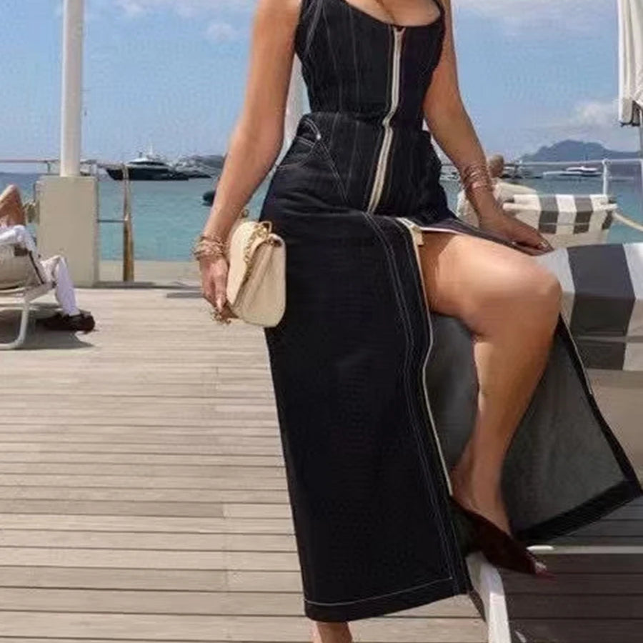 Solid Slimming Spliced Zipper Cowboy Dresses for Women Halter Neck Sleeveless Temperament Dress Femlae Fashion New