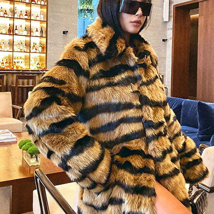 Winter Long Warm Thick Leopard Faux Fur Coat Women Tiger Print Loose Luxury Fluffy Clothing Female Thicken Plush Overcoat As Picture