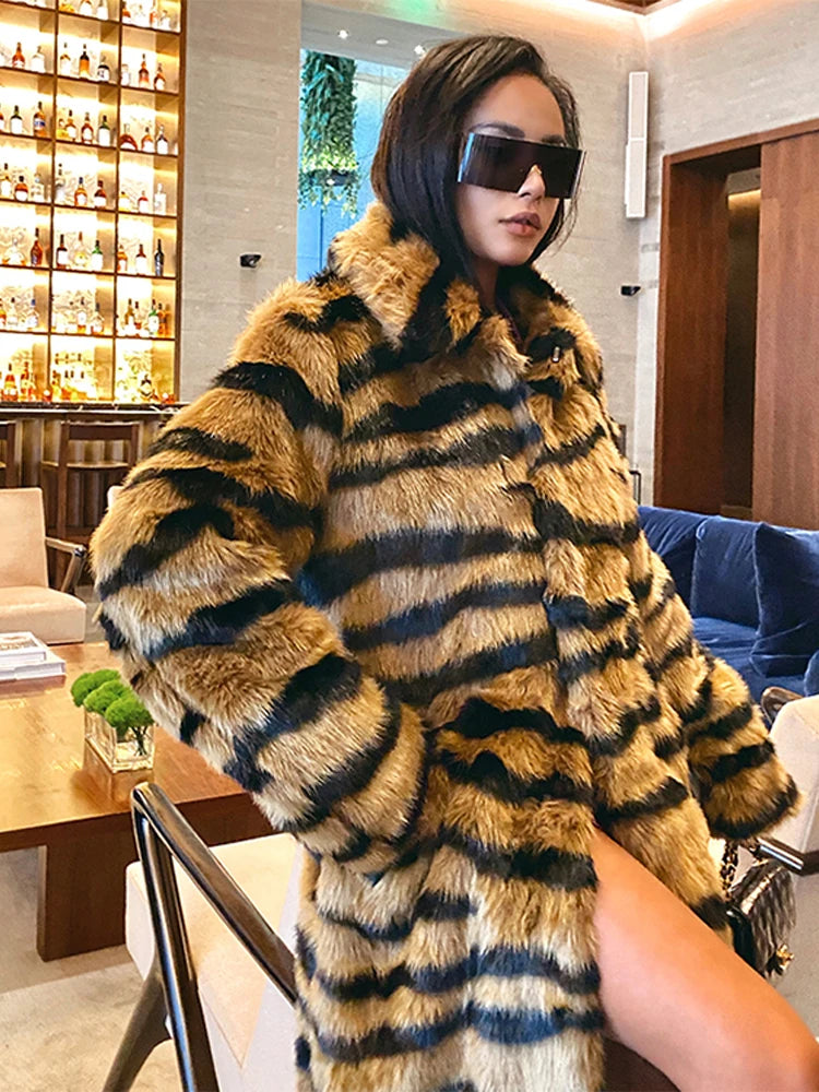 Winter Long Warm Thick Leopard Faux Fur Coat Women Tiger Print Loose Luxury Fluffy Clothing Female Thicken Plush Overcoat As Picture