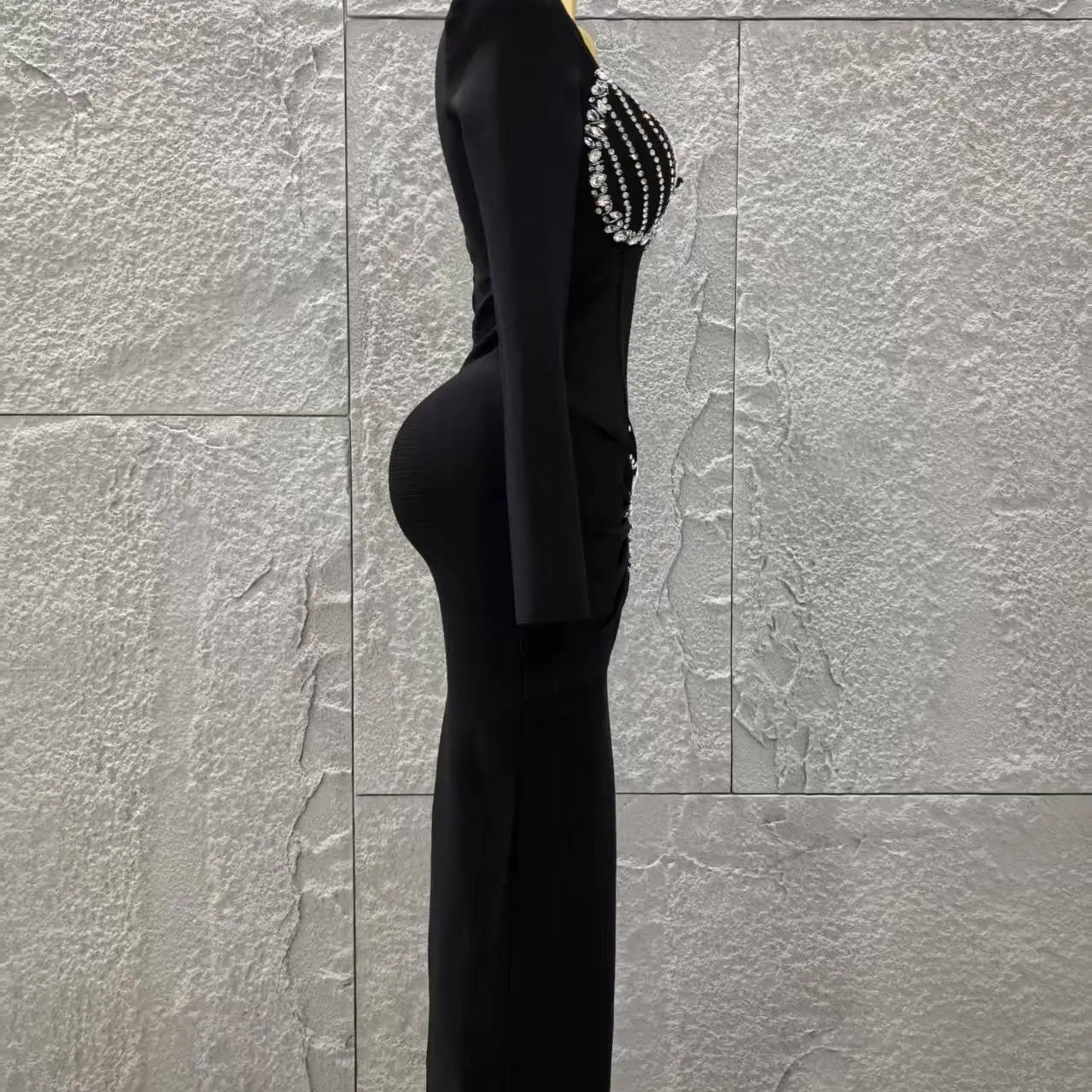 Top Quality Women Long Sleeve Sexy Square Collar Shinning Crystal Bodycon Long Bandage Dress Celebrate Evening Party Outfit