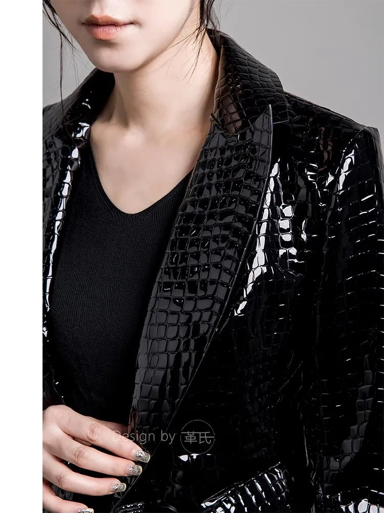 Lautaro Spring Autumn Short Shiny Reflective Crocodile Print Pu Leather Blazer Jacket Women Peaked Lapel Luxury Designer Clothes