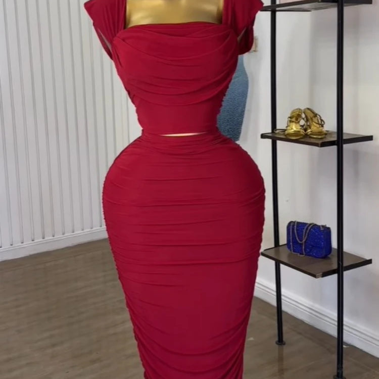 GLCMYAYA Fashion Stacked Ruched Women's Dress Set Crop Tops and Bodycon Midi Maxi Skirts Suit Vacation Two 2 Piece Set Outfit Red