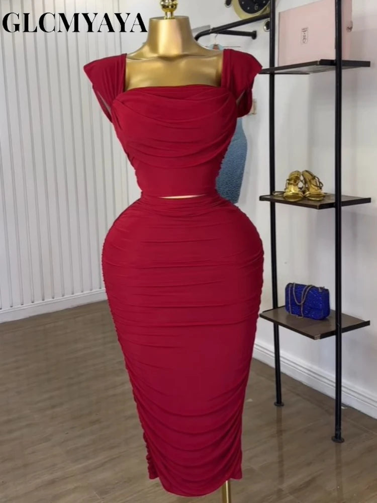 GLCMYAYA Fashion Stacked Ruched Women's Dress Set Crop Tops and Bodycon Midi Maxi Skirts Suit Vacation Two 2 Piece Set Outfit Red