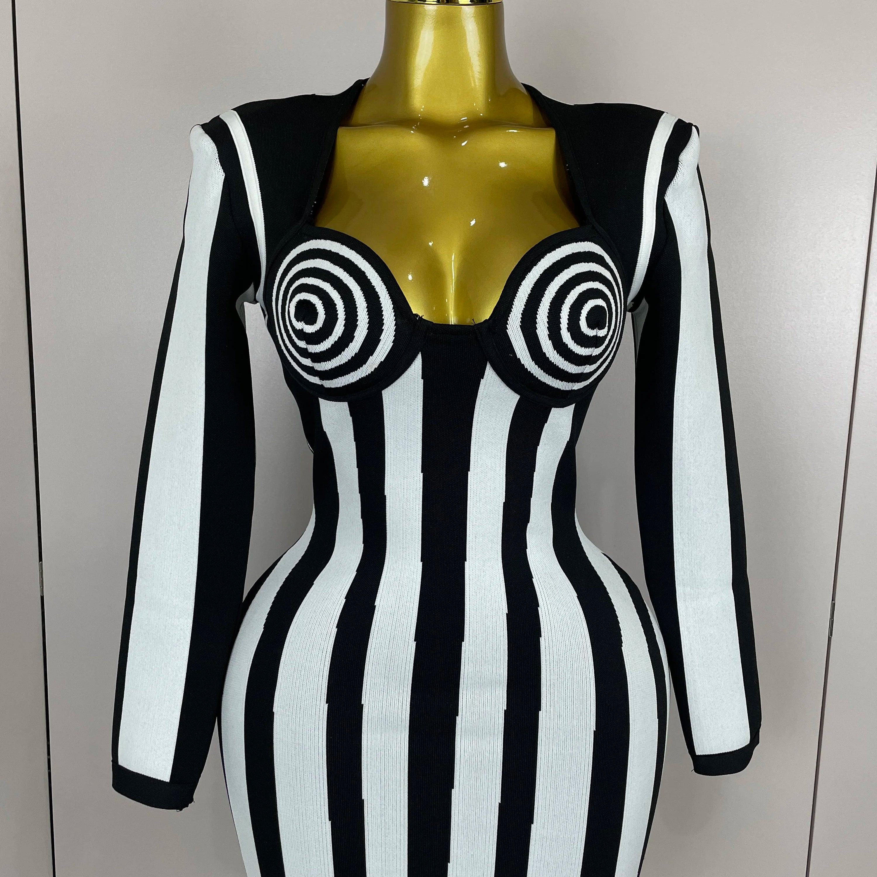 2025 Luxury Sexy Long Sleeve Stripe Black White Mini Bandage Dress Women Knitted Celebrity Elegant Evening Club Birthday Dresses black