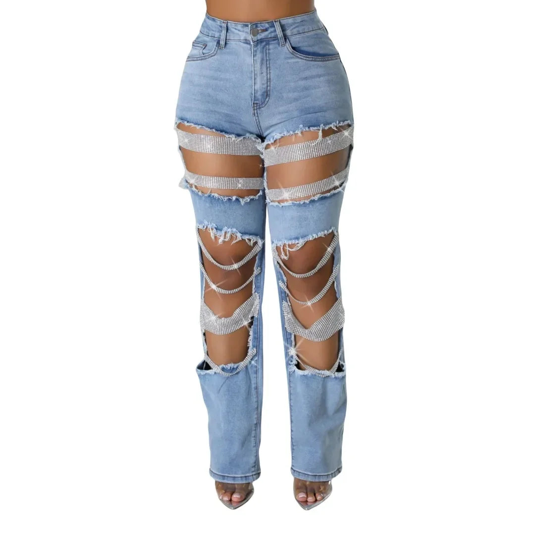 Women Fashion Pearl Beading Ripped Hollow Out Tassel Wide Leg Jeans 2024 New Summer INS Street Denim Pants Trousers color03