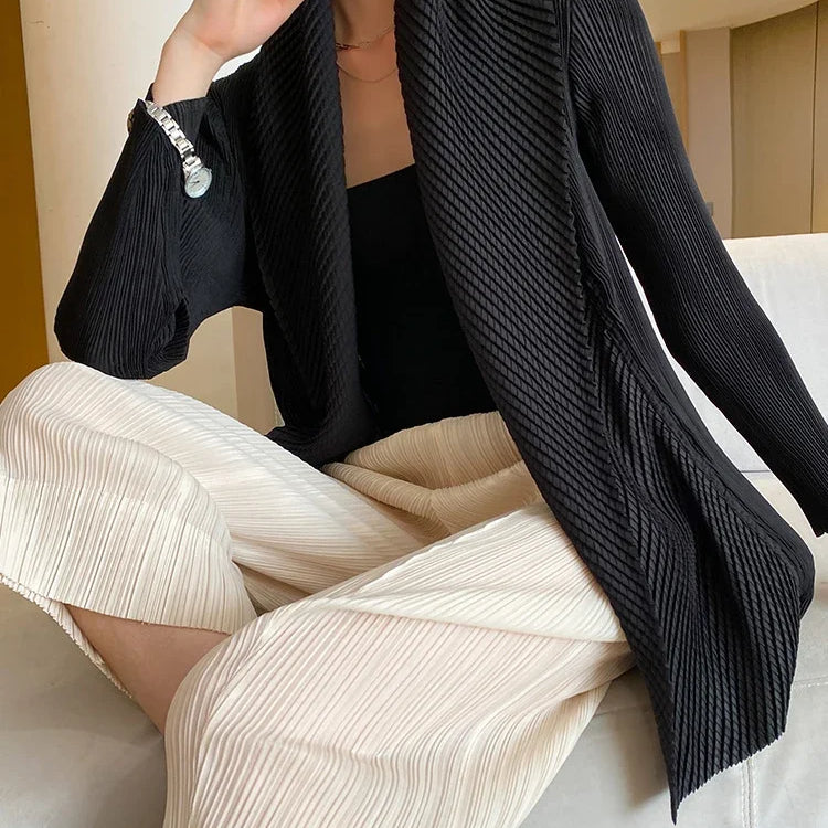 ALSEY Miyake Pleated Fashion Short Coats Women's Fall Winter New Black Loose Open Stitch Turn-down Collar Korean Jackets