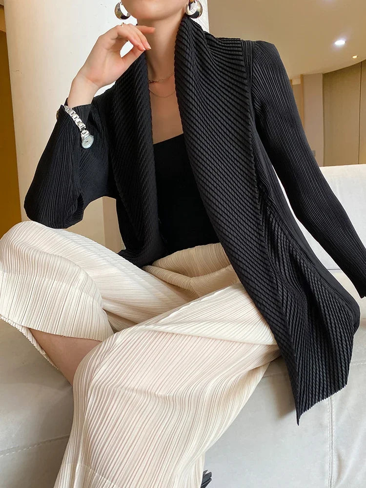 ALSEY Miyake Pleated Fashion Short Coats Women's Fall Winter New Black Loose Open Stitch Turn-down Collar Korean Jackets