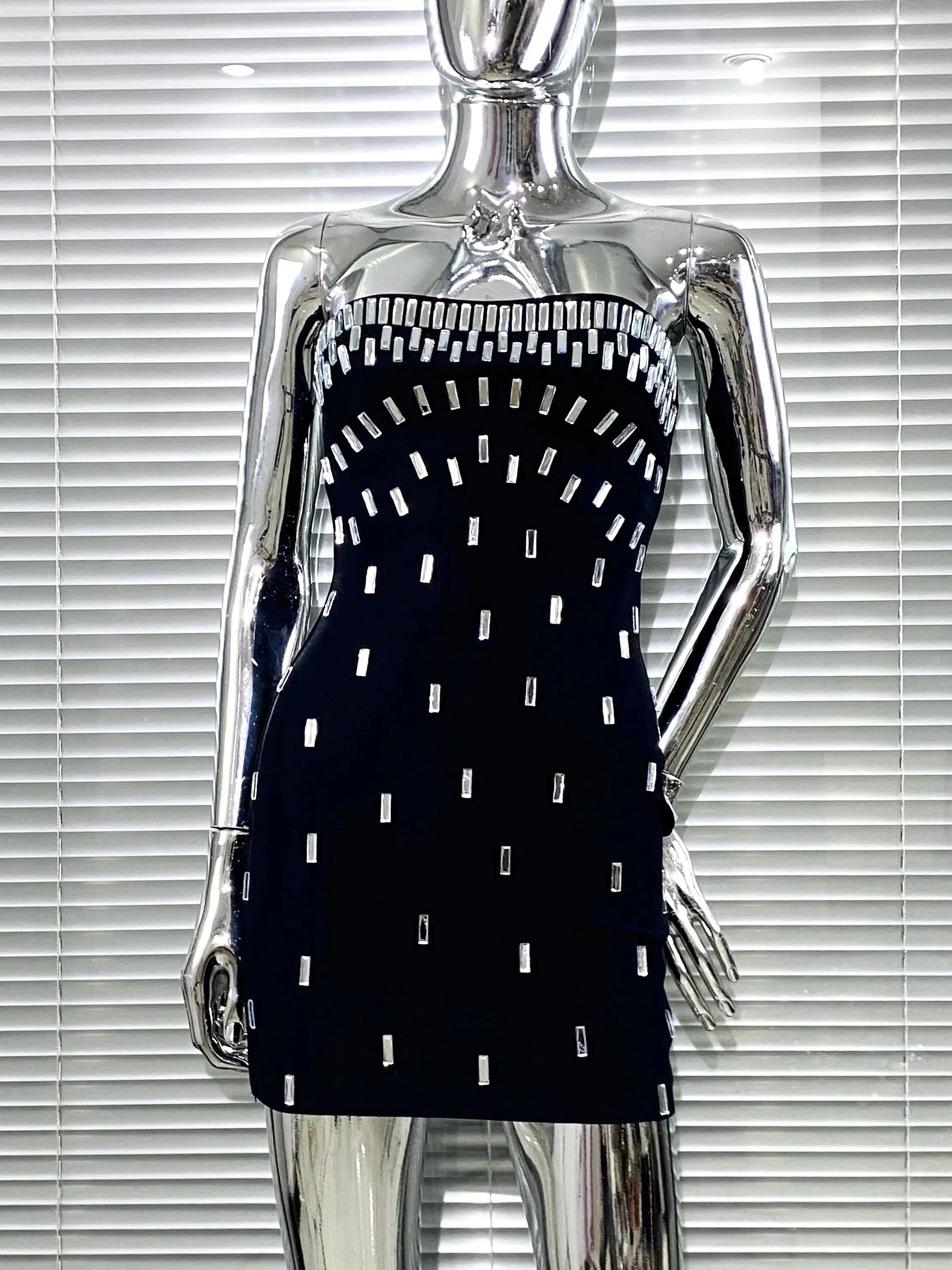 Luxury Woman Bandag Dress Sparkling Diamonds Strapless Black Mini Dress Celebrity Birthday Party Vestido Music Festival Outfit black