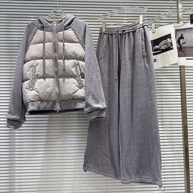 Winter New Fashion Rhinestone Hooded Patchwork Cotton Sweatshirt Fleece-Lined Wide-Leg Pants Set For Women 11A07920 Grey