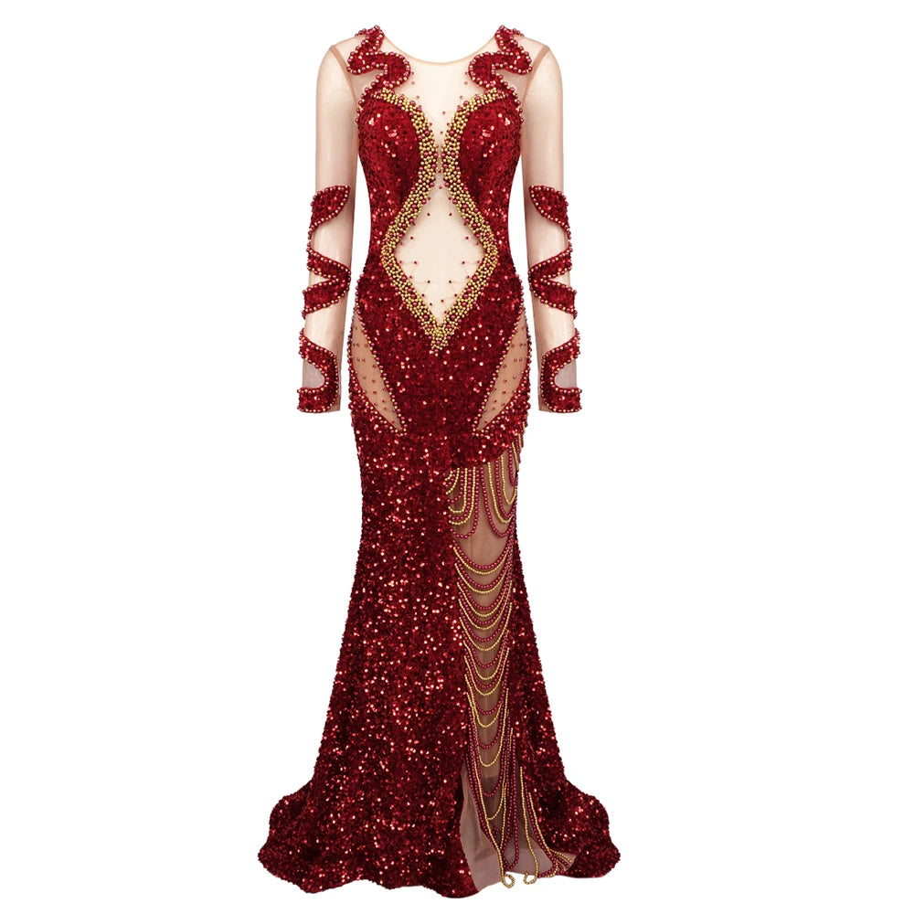 Red Shiny Sequins Pearl Chain See Through Mesh Long Dress Long Sleeves Beading Maxi Elegant Party Evening Gowns Vestido Red