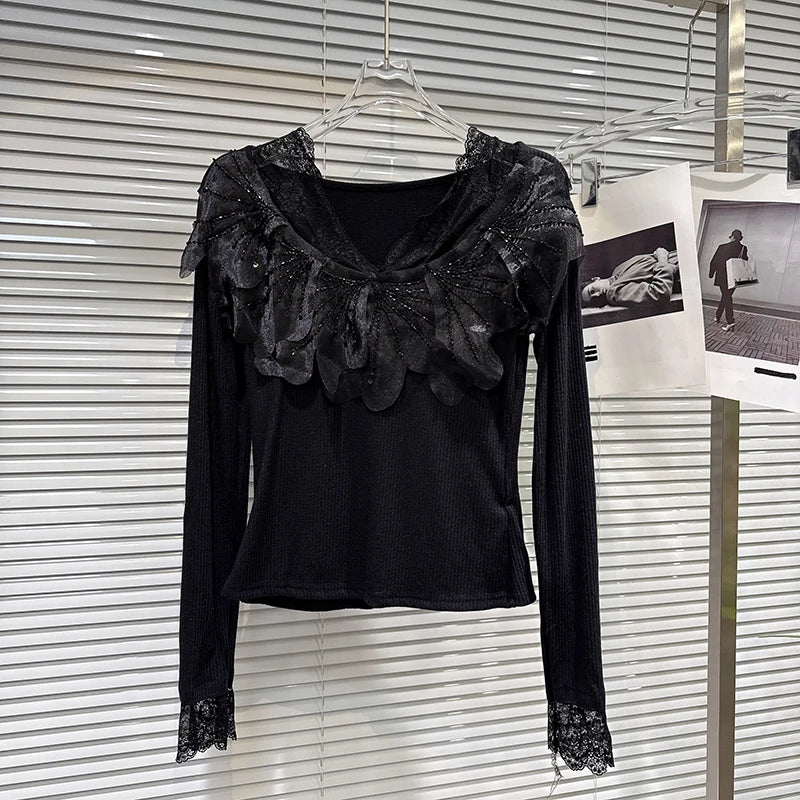 Winter New Elegant Fashion V-neck Lace Patchwork Chiffon Floral Cotton Knitted T-shirt For Women Slim Fit Top 11A07823 Black One Size