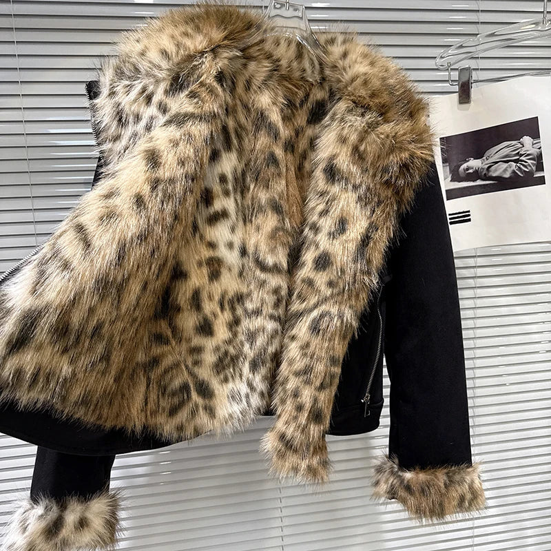 Winter New Trendy Fashion Leopard Print Fur Collar Suede Thickened Jacket For Women Warm Coat Female Trend 11A07449