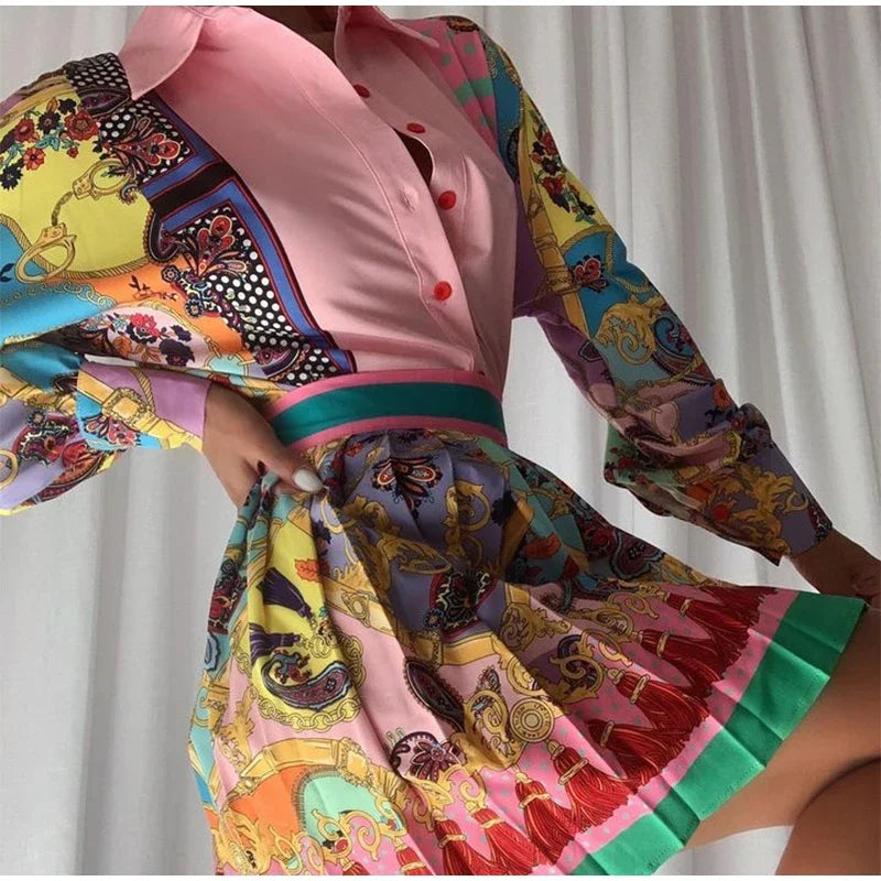 Elegant Print Short Shirt Skirts Sets Women Pink Lantern Long Sleeve Shirts Mini Pleated Female Summer Slim Ladies Suit