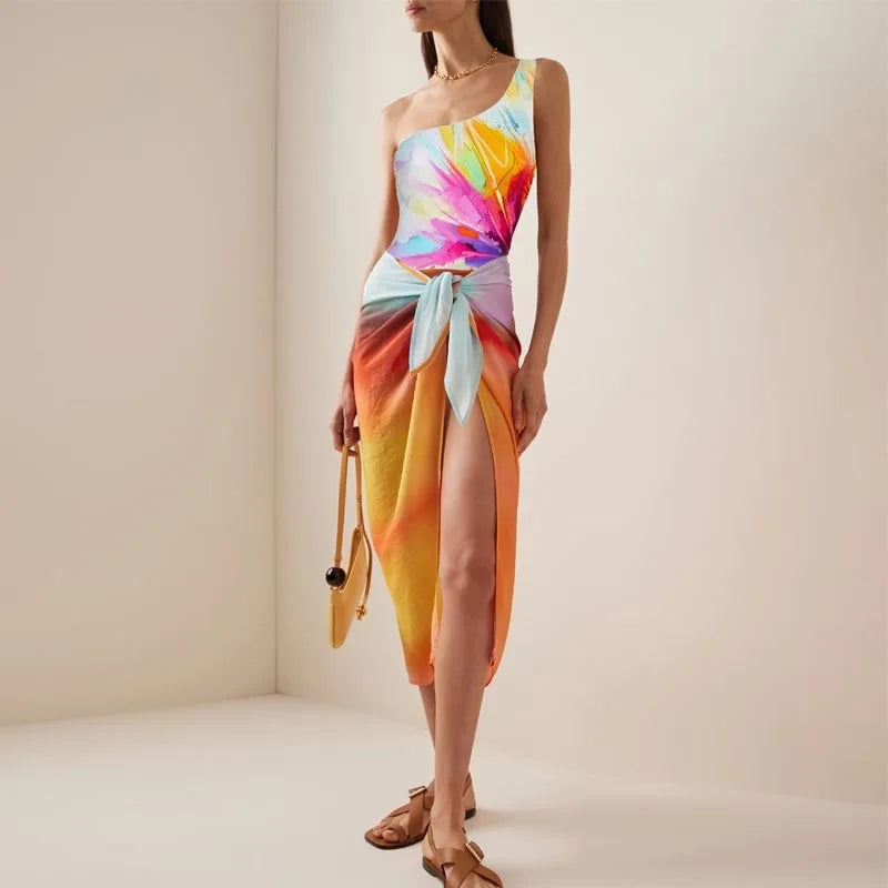 New One Shoulder Floral Ruffled Bikini Set Women 3D Flower High Waist Two Piece Swimsuit Beach Skirt Bathing Suit Swimwear