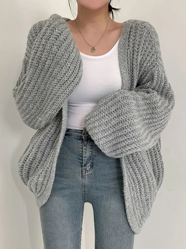 Women Cardigan Sweater Coat Casual Loose Knitted Solid Coat Autumn Winter For Women Lantern Sleeve Sweet Overcoat