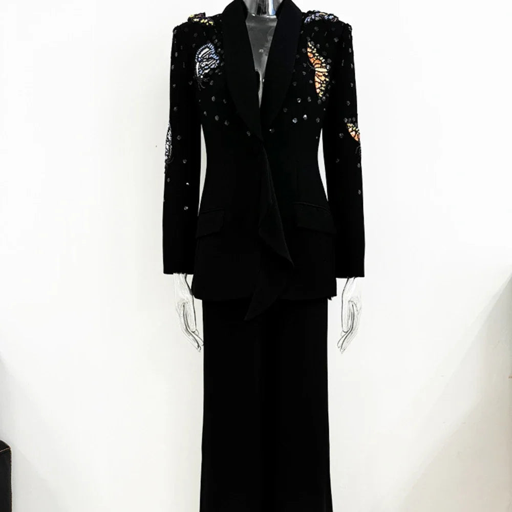 Solid Two Piece Sets for Women Notched Neck Long Sleeve Spliced Sequins Blazer High Waist Wide Leg Pants Set Female