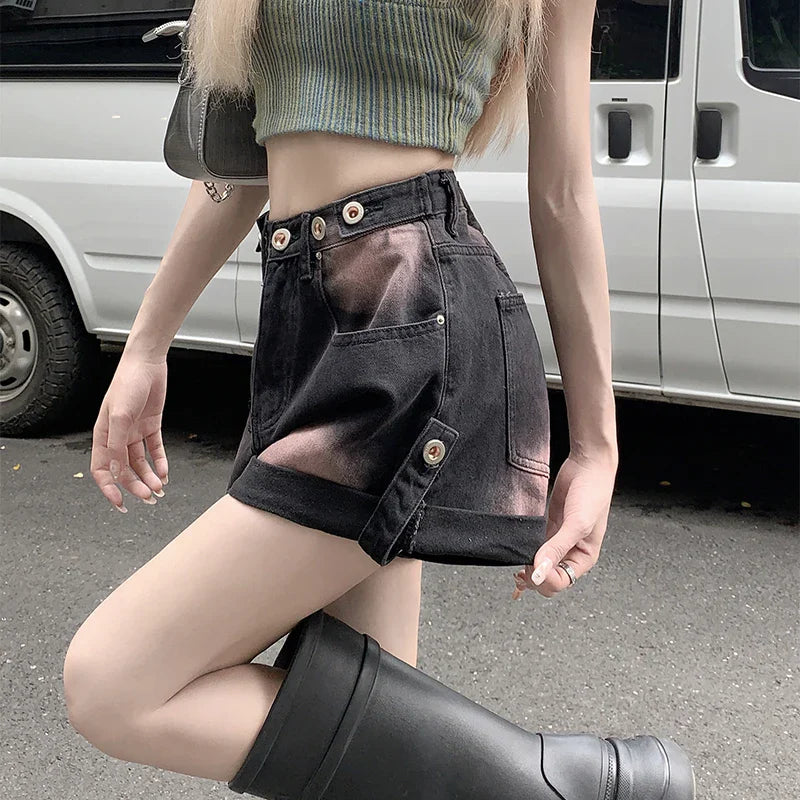 Women's Summer American Retro Jeans Blue Black High Street Button Washed Painted Y2K Design Loose Wide Leg Denim Shorts New