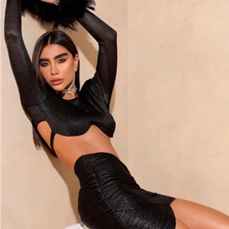 Spring Women Sexy Long Sleeve Feather Black White Mesh Ruched Mini Bodycon Bandage Dress Elegant Evening Club Party Dress black