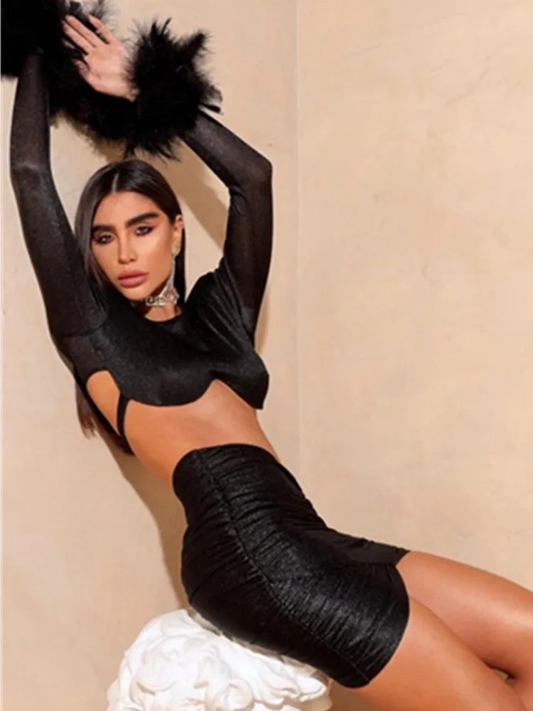 Spring Women Sexy Long Sleeve Feather Black White Mesh Ruched Mini Bodycon Bandage Dress Elegant Evening Club Party Dress black