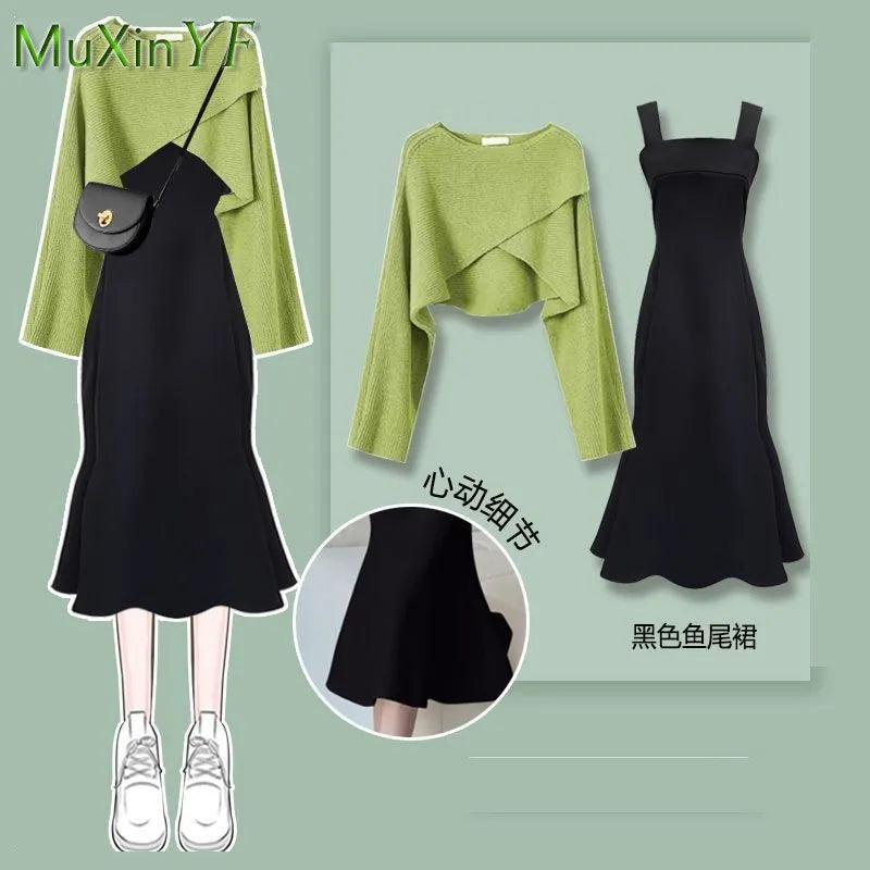 Women's Fashion Dress Matching Set 2024 Autumn Winter New Chic Knitted Sweater Sling Skirt Two Piece Korean Elegant Clothes Suit