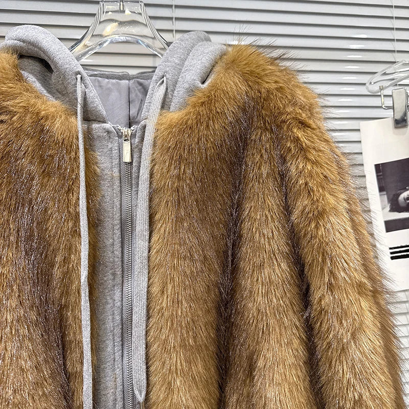 Winter New Trendy Fashion Furry Patchwork Design Sweatshirt For Women Loose Hooded Short Jacket Female 11A07771