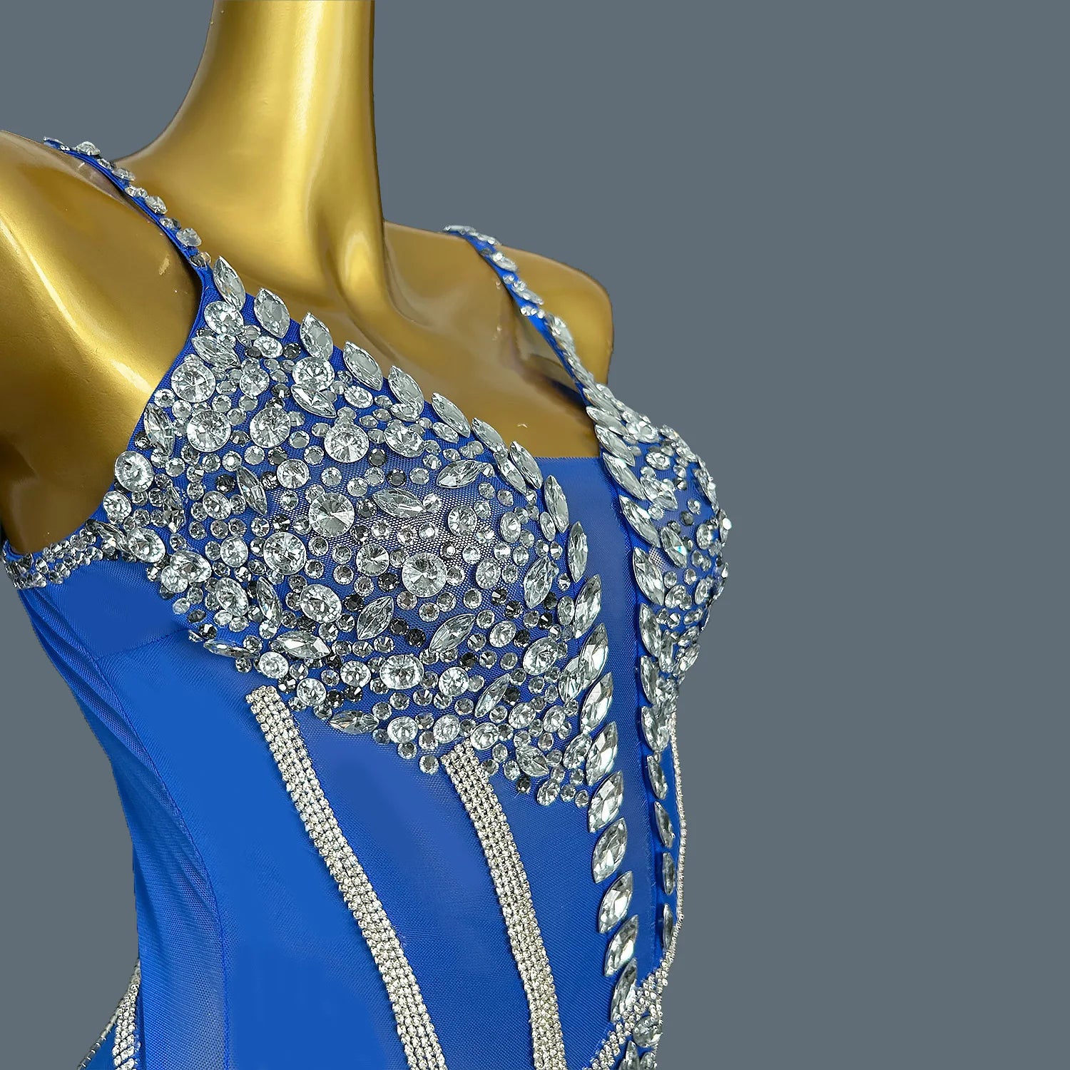 Women Shiny Blue Crystal Chain Diamonds Dress Elastic Sexy Mini Night Club Performance Costume Birthday Party Dress Tassel Liehu