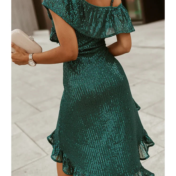 Plus Size Women's Slim Fit Green Off Shoulder Sequin Dress Ruffle Irregular Hem Dresses Summer Sexy V Neck Party Dress Vestidos