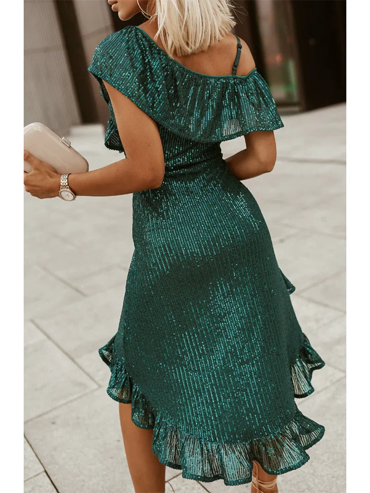 Plus Size Women's Slim Fit Green Off Shoulder Sequin Dress Ruffle Irregular Hem Dresses Summer Sexy V Neck Party Dress Vestidos