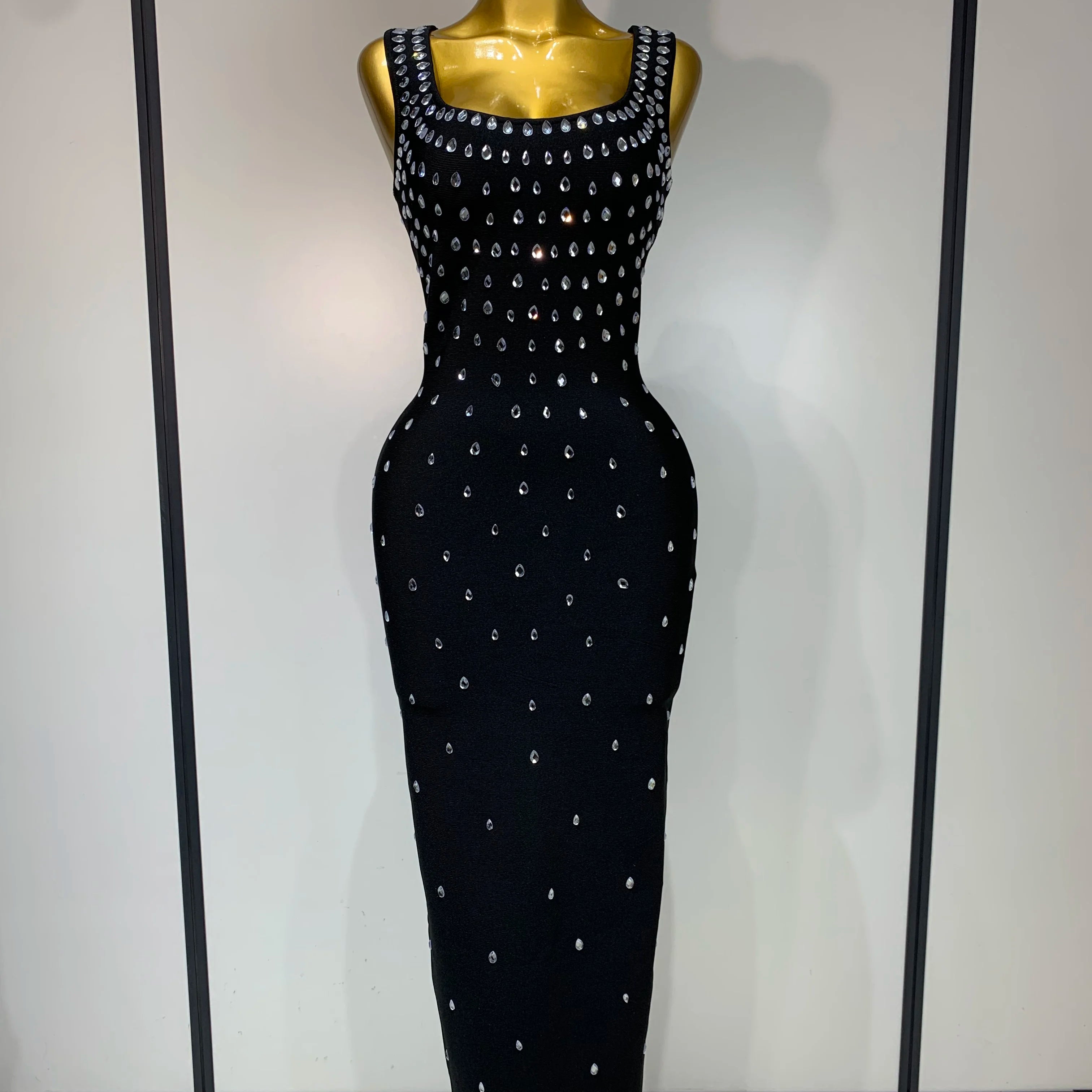 Women Sparkly Rhinestone Bandage Long Dress Elastic Sleeveless Bodycon High Street Evening Club Party Elegant Birthday Gowns black