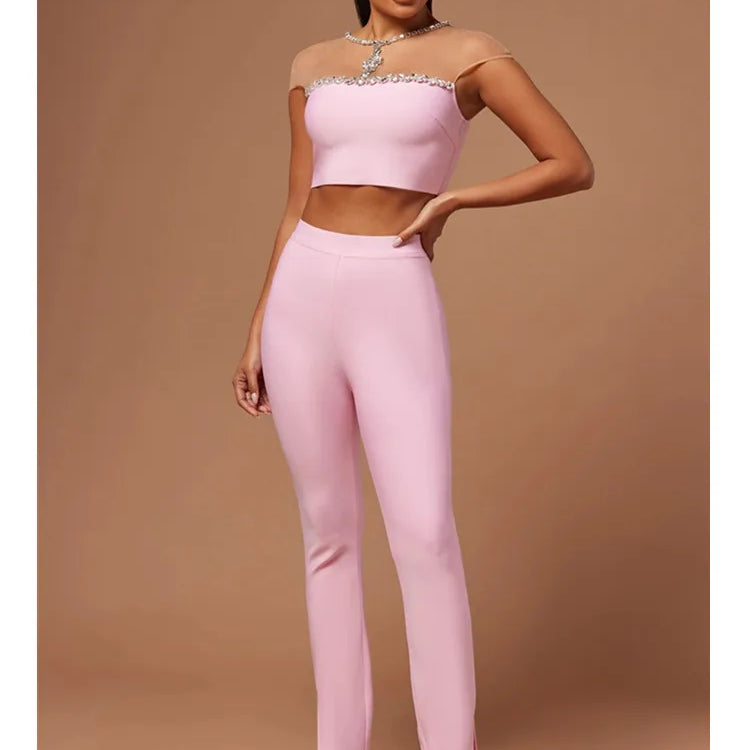Women Luxury Sexy Mesh Crystal Beading Pink Two Piece Pants Bandage Set 2023 Celebrity Designer Fashion Women's Set