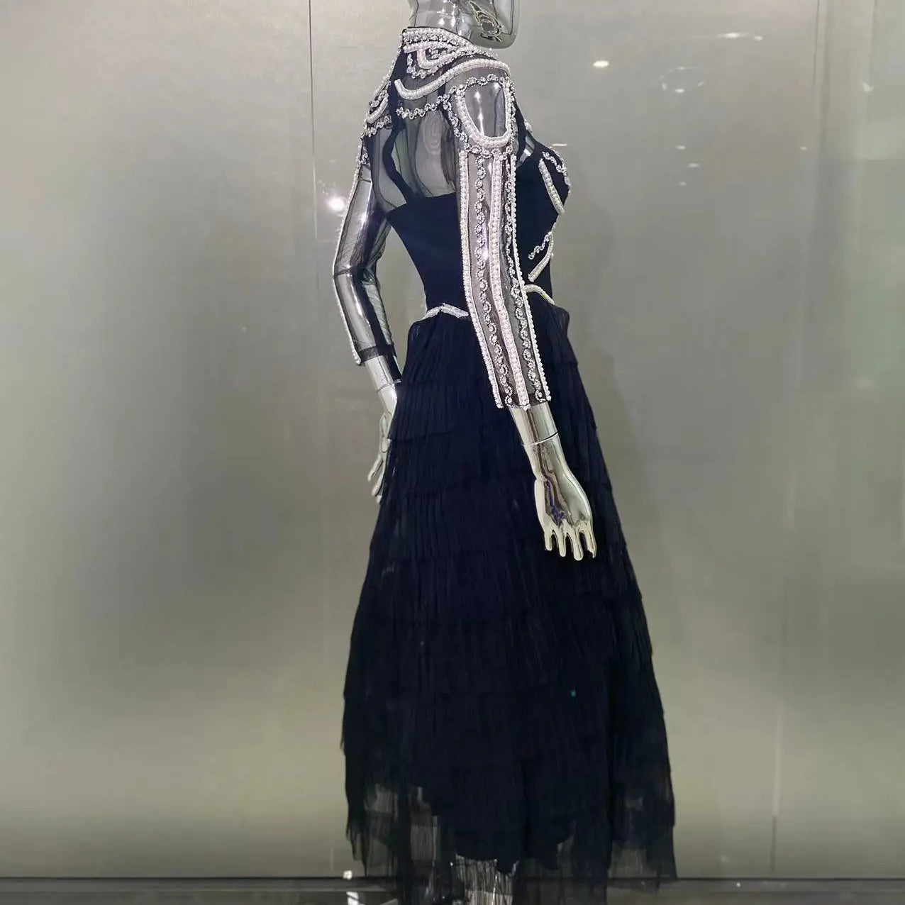 Elegant Red Carpet Evening Party Dress Women Long Sleeve Sexy Shinning Crystal Pearl Beading Ball Gown Long Dress 2024 New Style