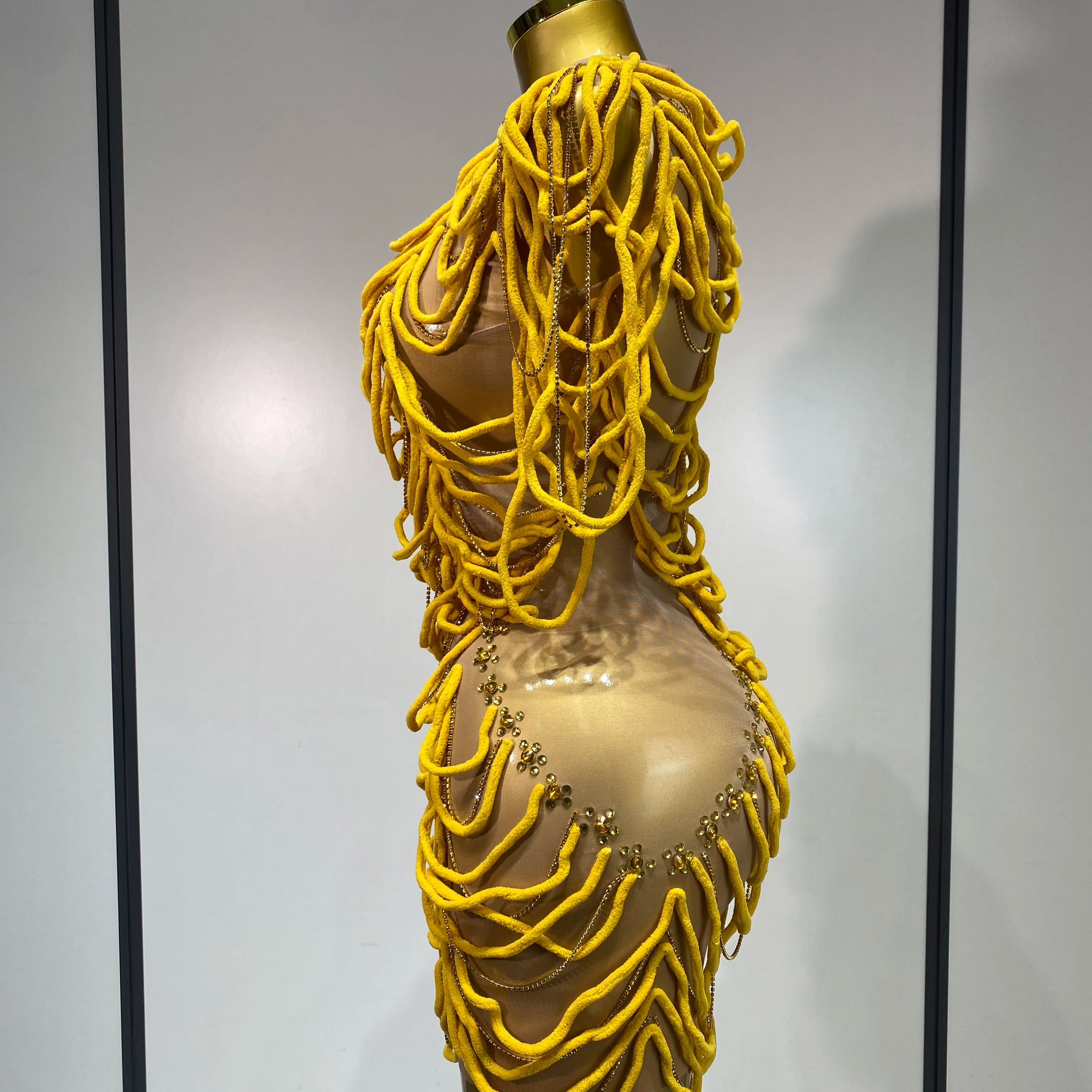 Women Sexy Mesh See Through Designer Rhinestones Chain Stage Performance Costume Nightclub Celebrate Party Luxury Birthday Dress